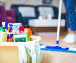 cleaning supplies and mop
